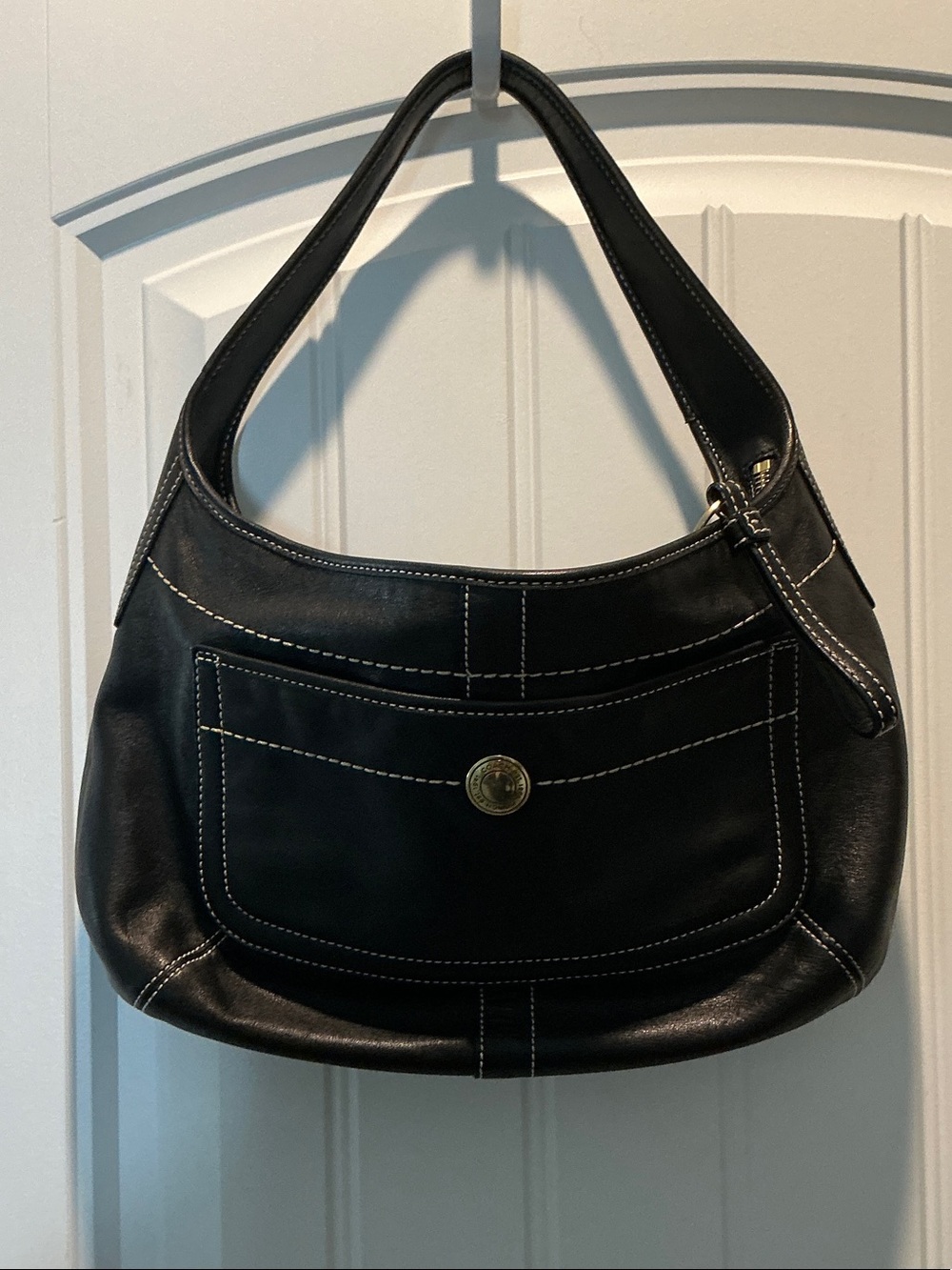 Coach Black Leather Shoulder Bag with White Stitching and Gold Accent